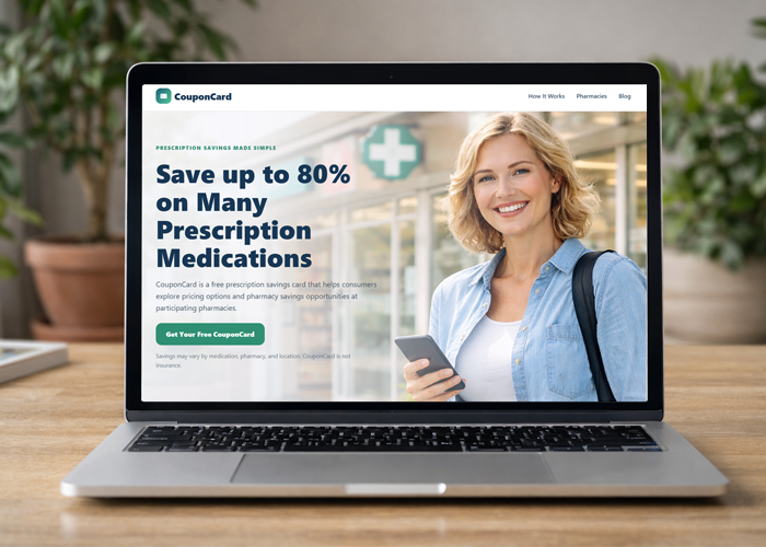 CouponCard interface shown on a laptop screen