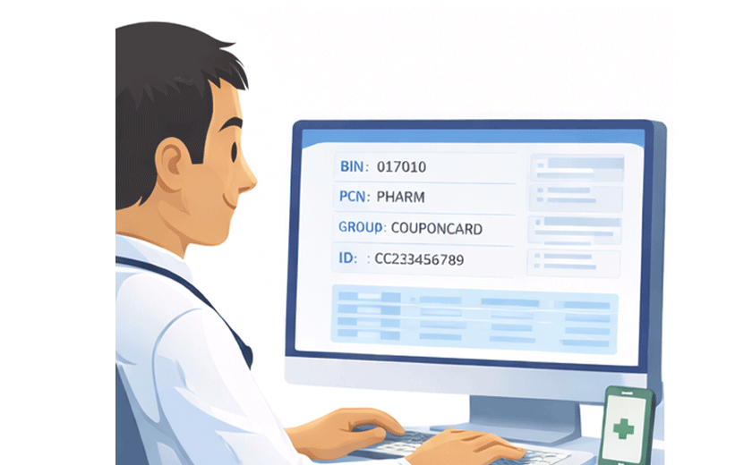Illustration of pharmacy information being entered into a computer system